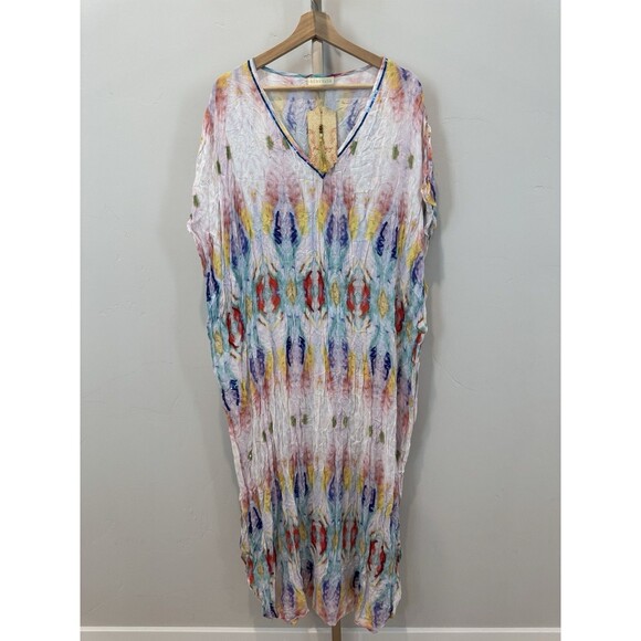 NWT Ruby Yaya Feather Maxi Crinkle Kaftan Cover Up Dress Women’s M Multicolor - Picture 1 of 13